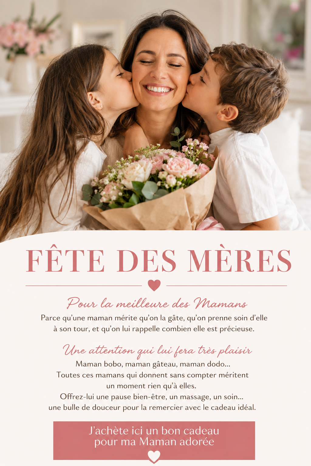 Maman entourée de ses enfants pour la Fête des Mères – bon cadeau soin visage, massage et bien-être à Limoges Institut Simone Moulaï