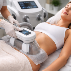 Soin minceur par cryolipolyse du ventre réalisé en institut esthétique avec un appareil de traitement par le froid pour éliminer les graisses localisées Limoges